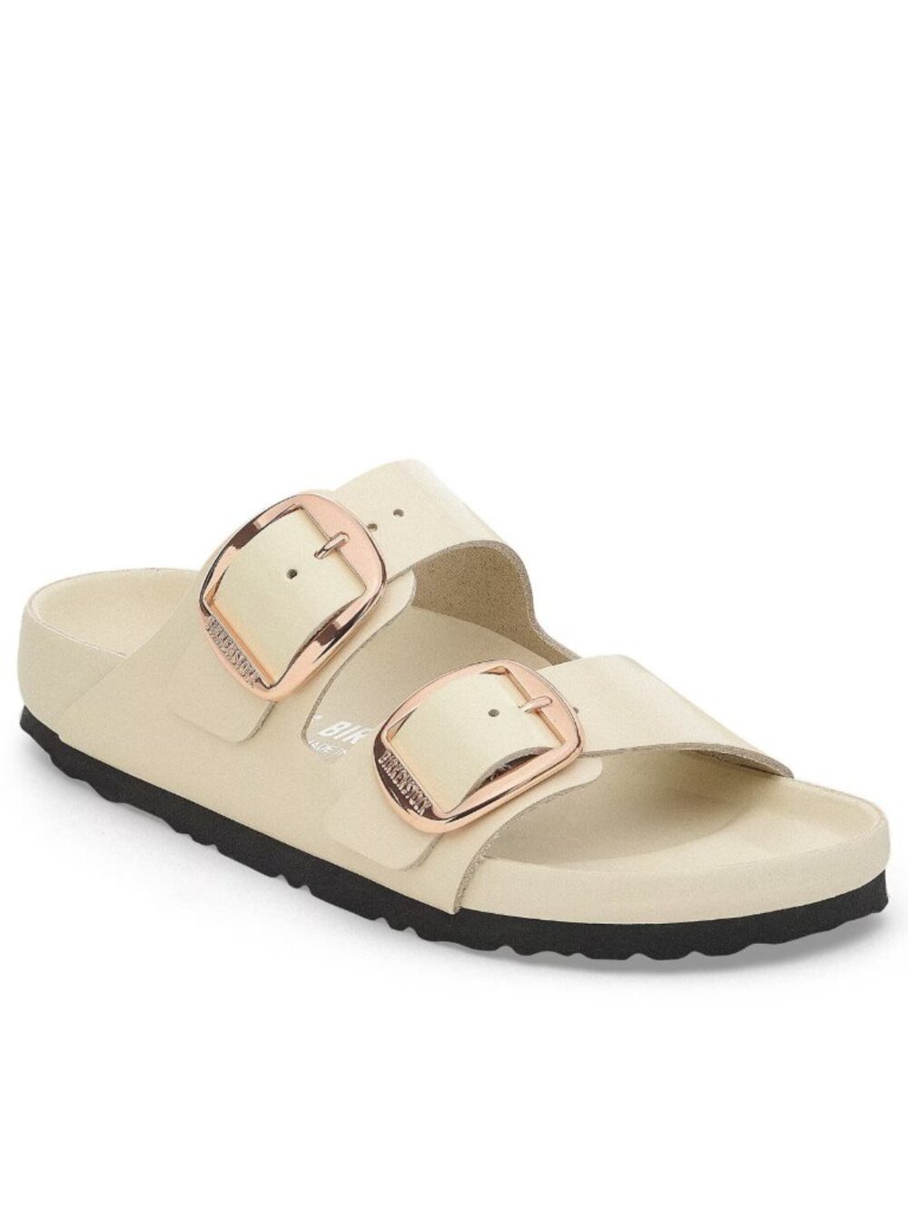 Birkenstock Arizona Big Buckle High-Shine Ecru Leather Patent Sandal Size: 6-6.5